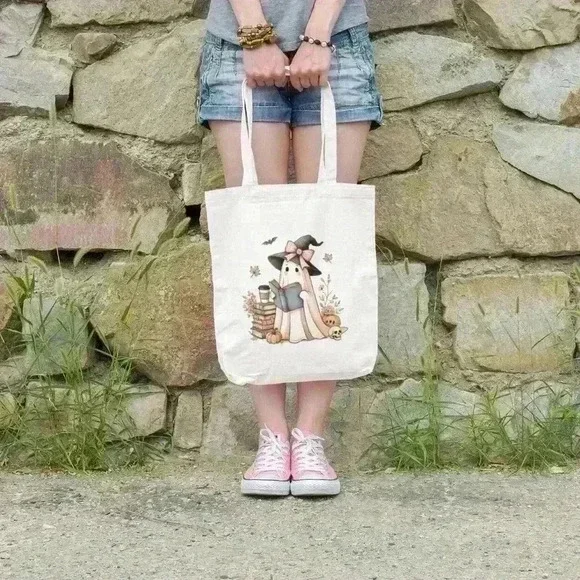 Pink girl ghost reading a book recycled tote bag - Picture 2 of 3